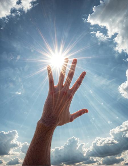 1080x1400, 1080 x 1400; disembodied hand, reaching, pov, cloud, sun, light rays, All surface textures are highly realistic and varied, even on the same surface, showing the attention to detail of reality, and the painstaking time taken to craft this image. Even things like eyelashes are in some areas slightly more or less sparse and varied to ensure a realistic appearance, and this level of care applies to every centimeter of the picture. In reality, things are rarely perfect, and flaws are considered beautiful, and this image embraces and uses these flaws to create true believable beauty. From the varying textures of surfaces, each one bringing something new and unique to the composition, and the imperfections or random variation in anatomical configurations, each things is perfect in its imperfection, The most compelling work of art ever produced, every intricate detail holding a narrative or philosophical concept that entrances. The entire composition is lauded by the modern masters as truly mesmerizing, the artwork itself considered by some too sacred to even show the common world. The work is dynamic and complicated, with multiple forms of media layered in complex and innovative ways, at times mind-bending in the creative solutions the artist found to produce what is lauded as the only truly creative work ever produced by mankind, 1080x1400, 1080 x 1400; disembodied hand, reaching, pov, cloud, sun, light rays, cinematic, epic, dramatic artistic, detailed, true, beautiful, creative, vibrant colors, glowing, symmetry, perfect, atmosphere, elegant, luxury, elite, gorgeous, illuminated, rich, fabulous, color, intricate, fine detail, majestic, amazing