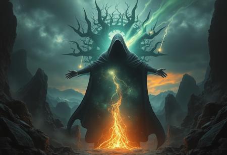 A universe inside a dark cloaked figure within mysterious landscape in an unfathomable realm of fantastic creation inhabited by ancient shadows of a forgotten time beyond the gate of the gateless gate where life is limitless, light is shadow and shadow is light, eerie sense, horror, spark of the beginning, existence and nonexistence at once, ethereal, outstretched arms, behold the end of the beginning, inglorious glory to the dark one, betrayal of the ancient order, beware the 7headed beast, destroyer of the old ways, bearer of the unbearable, nightmarish, archaic runes, tree aging backwards, breath of the gods, ruins of a place unimagined, extreme intricate detail, photorealistic, beyond epic scene, fate discarded, unseeable face of god, the end is the beginning, the beginning is the end, man arises as god dies, as above so below, as below so above, emerald tablet, thoth, guardian and saboteur of existence, hopeless hope, ghosts of the unborn, conception of the inconceivable, cosmic well of imperceptible perception, evil aura, infinite emptiness, pillars of void, overwhelming subtlety, abstract sacred geometry, beams of readiness without intention, gift of doom
