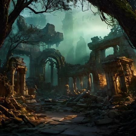 (masterpiece:1.2), (best quality,:1.2), 8k, HDR, ultra detailed, ((photorealistic)), professional light, cinematic lighting, fashion photography, ambient lighting,<lora:detail_slider_v4:3>, ruins of a settlement in a magical fantasy forest, FanRu <lora:FantasyRuins-10:0.9>, ((perfect hands)), epiCPhoto