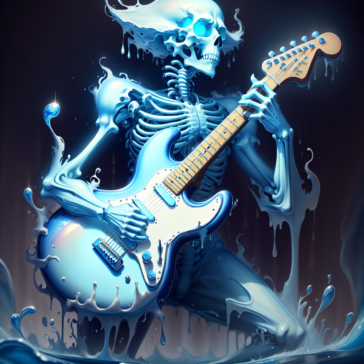 masterpiece, absurdres, extremely detailed, <lora:WorldofWater:1.2>, worldofwater, skeleton playing an electric guitar, da...