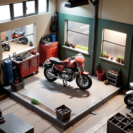 (8k, RAW photo, best quality, masterpiece:1.3), <lora:sdxl_loha_miniature2_v2-000080:0.8>, realistic, mini\(ttp\),miniature, isometric, landscape, a motorcycle workshop, indoors