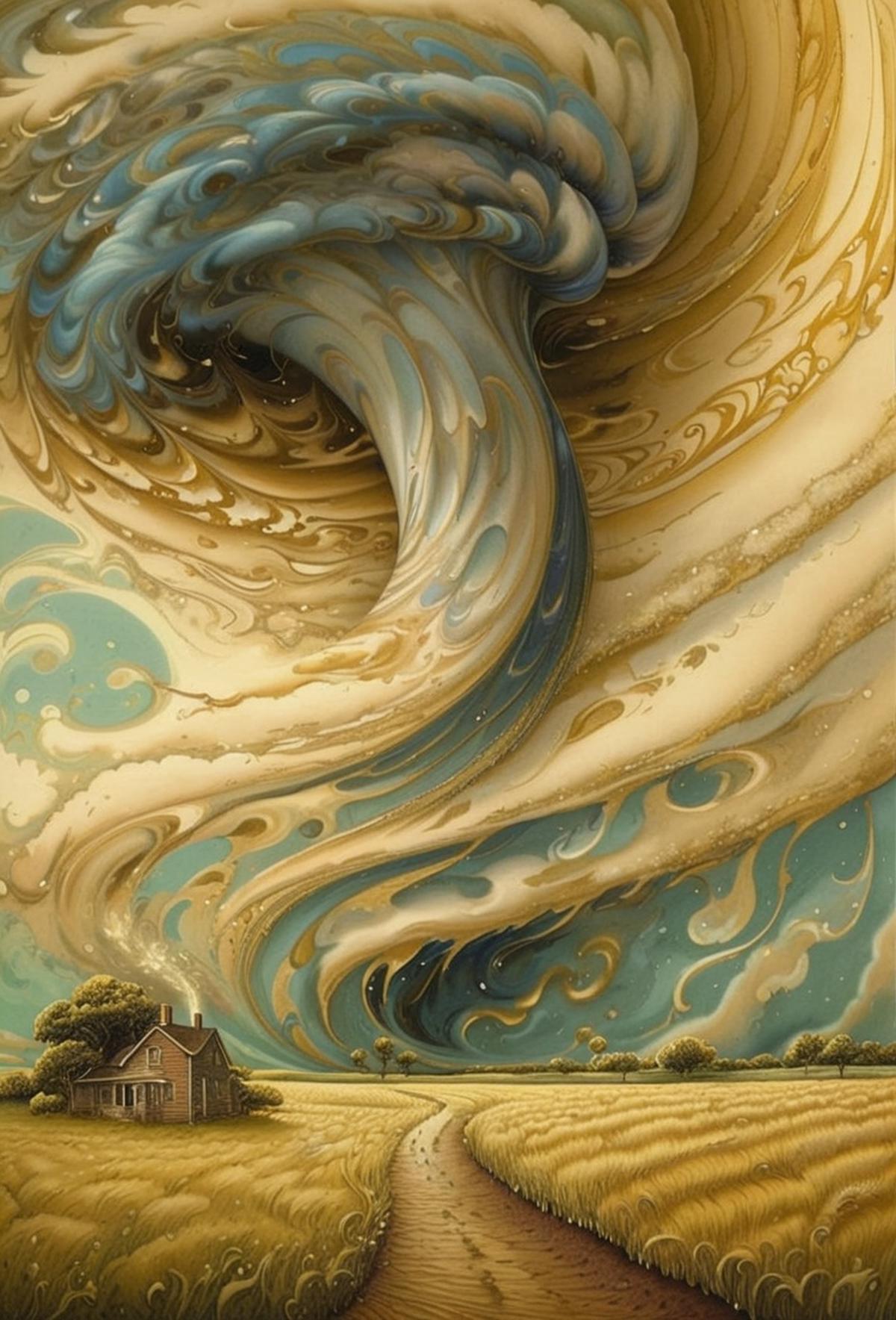 A large painting of a stormy ocean with a house in the foreground.