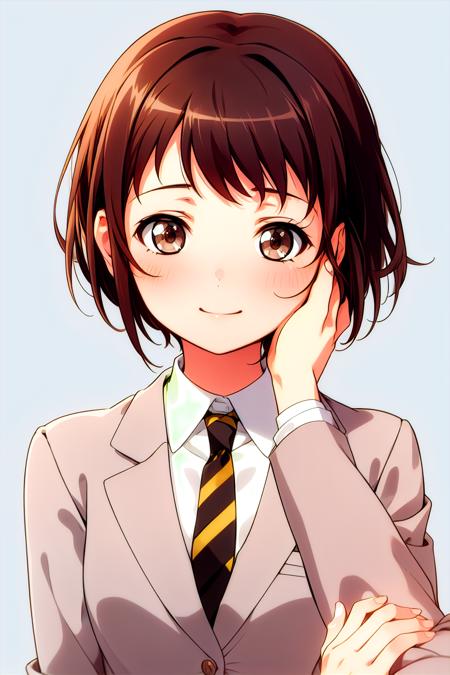 (masterpiece, best quality:1.2), simple background, white background, (pov hands:1.2),
pov, solo focus, upper body, 1girl, hand on another's cheek, light smile,
hazawa tsugumi, brown hair, brown eyes, short hair, necktie, (grey jacket:1.2),brown necktie, white shirt, striped necktie,