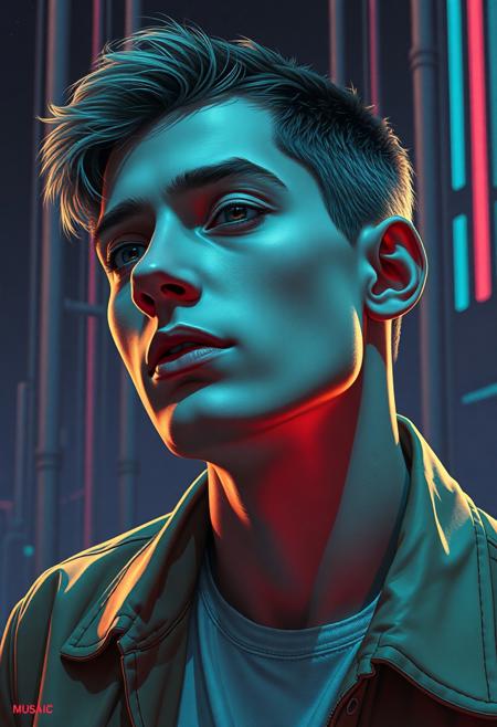 high quality design aesthetics, disco, eighties, synth pop, detailed, synthwave, melancholic, pop album cover for a sad love song, young white man, artist name "MUSAIC"