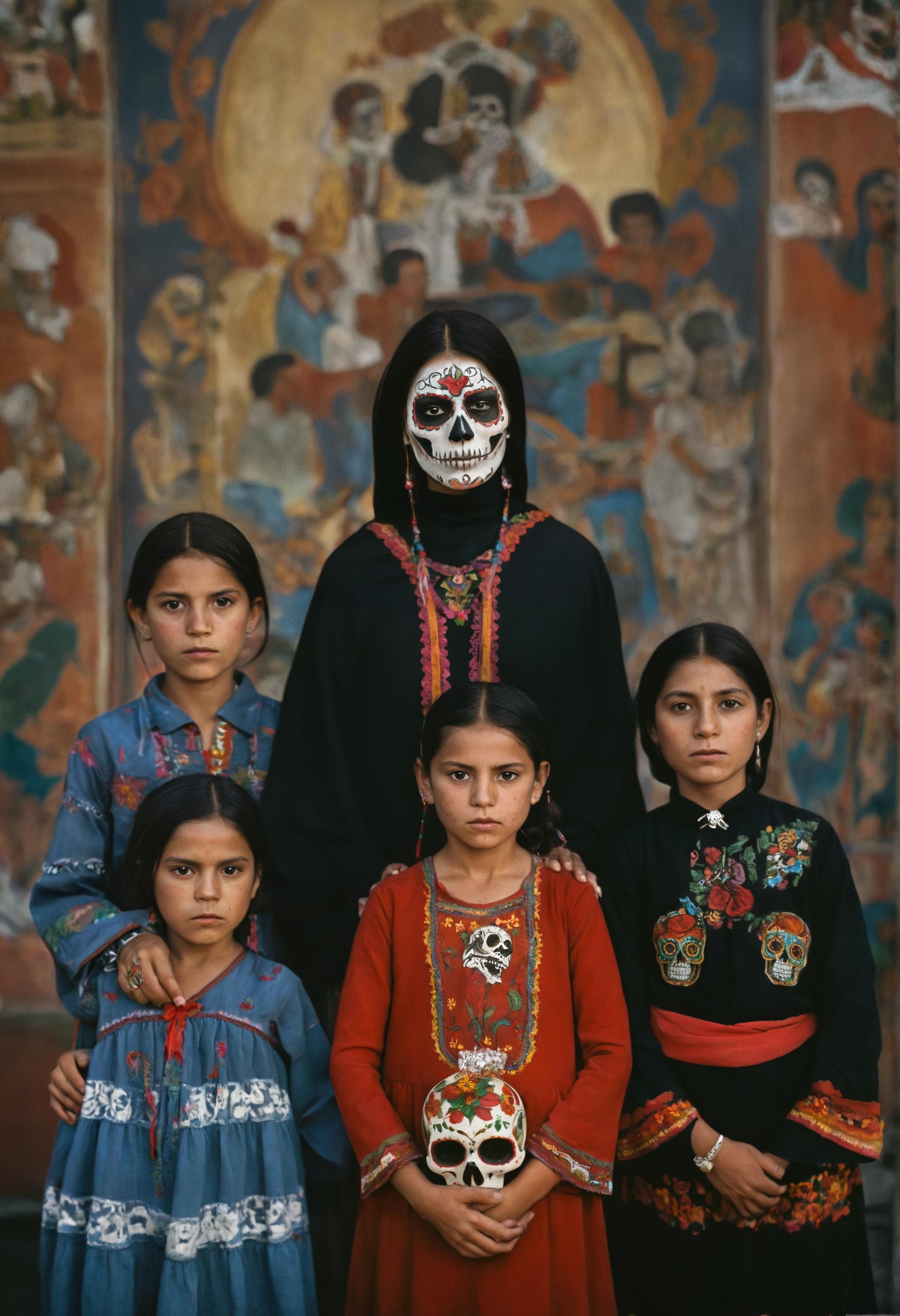 A family of four women posing with a skeleton in the middle.
