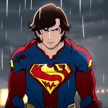 masterpiece, best quality,detailed, cinematic lighting,1boy,solo,brown hair,superhero,superman,angry,red eyes,blood on face,raining,looking at viewer,cowboy shot,masterpiece<lora:supercrooksstyle:0.8>