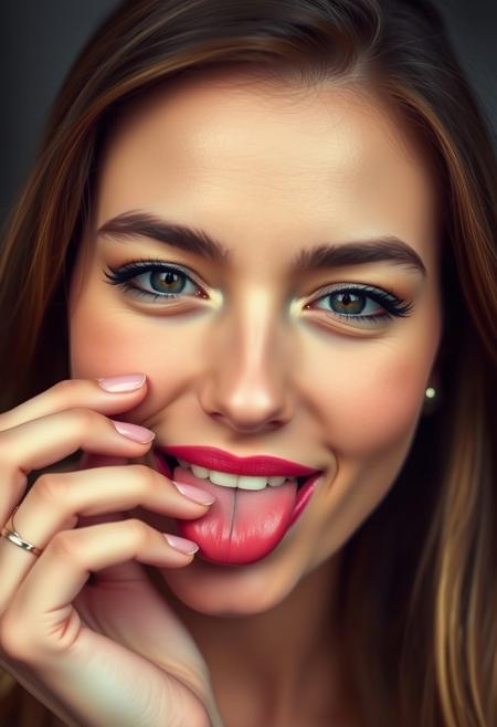 lovely woman, lipstick ((smudged )))around mouth, tongue touching (((corner )))of mouth, satisfied, pleased, smug, close-up on face, no fingers