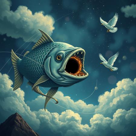 score_9, score_8_up, score_7_up, a cosmic fish with a black hole in its mouth hunting a bird flying in the sky