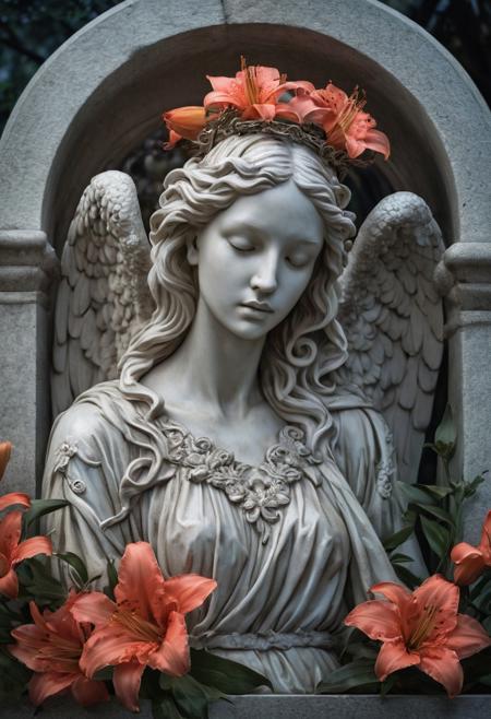 Angel statue, sorrowful expression, nestled among lilies on grave, filigree head bow, cloudy ambiance, vibrant flowers, symmetrical balance, chiaroscuro, natural and fantastical motifs, surreal charm, intricate detailing, elegance, emotional depth, visual harmony, underwater realm, full moon ethereal glow, starry reflections on silken mane, coat adorned with coral-red blooms, [prompt from ai artist Voisard]