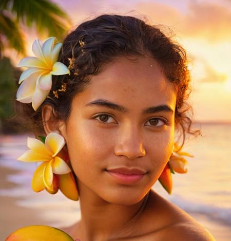 A breathtaking close-up portrait of a youthful, powerfully beautiful 18-year-old Tahitian woman with medium-dark sun-kissed skin, long wavy dark hair, and a serene, confident gaze. She wears a deep red traditional Tahitian pareo with bold geometric tapa-style patterns. A white plumeria with a yellow center is tucked behind her ear. She gently holds a crescent-shaped slice of ripe mango with bright orange flesh and red skin in both hands. Her features are sharp, elegant, and photorealistic — a harmonious blend of Polynesian warmth and high-fashion supermodel refinement. The background is a glowing, painterly tropical beach at sunset, infused with expressive, dreamy brushstrokes in gold, violet, coral, and turquoise. The atmosphere is magical, cinematic, and emotionally rich — like a Vogue editorial dream fused with the color world of Gauguin and Klimt.