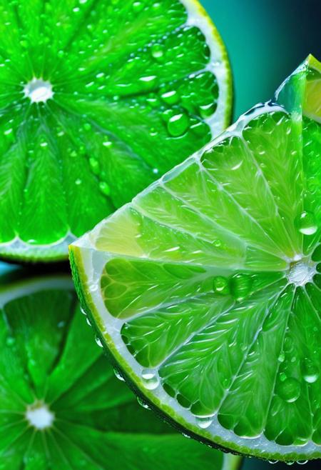 Stunning close-up photograph of a vibrant lime slice, showcasing the beauty of the fruit's green flesh and the allure of its glistening water droplets. The image captures the essence of the lime in breathtaking detail, highlighting its refreshing and organic nature. The photograph is a work of art in itself, with a rich green color palette and a stunning display of liquid textures that create a sense of movement and energy. This photorealistic image invites viewers to appreciate the simple beauty of the lime and the artistry of macro photography.