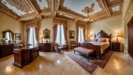 long shot scenic professional photograph of photo of a (richly furnished) Art Nouveau bedroom, (Venetian-style floor), (walls with stucco decorations), highly detailed. sharp focus, depth of field <lora:add_detail:0.86>, RAW photo, full sharp, detailed face (high detailed skin:1.2), 8k uhd, dslr, soft lighting, high quality, film grain, Fujifilm XT3, perfect viewpoint, highly detailed, wide-angle lens, hyper realistic, with dramatic sky, polarizing filter, natural lighting, vivid colors, everything in sharp focus, HDR, UHD, 64K