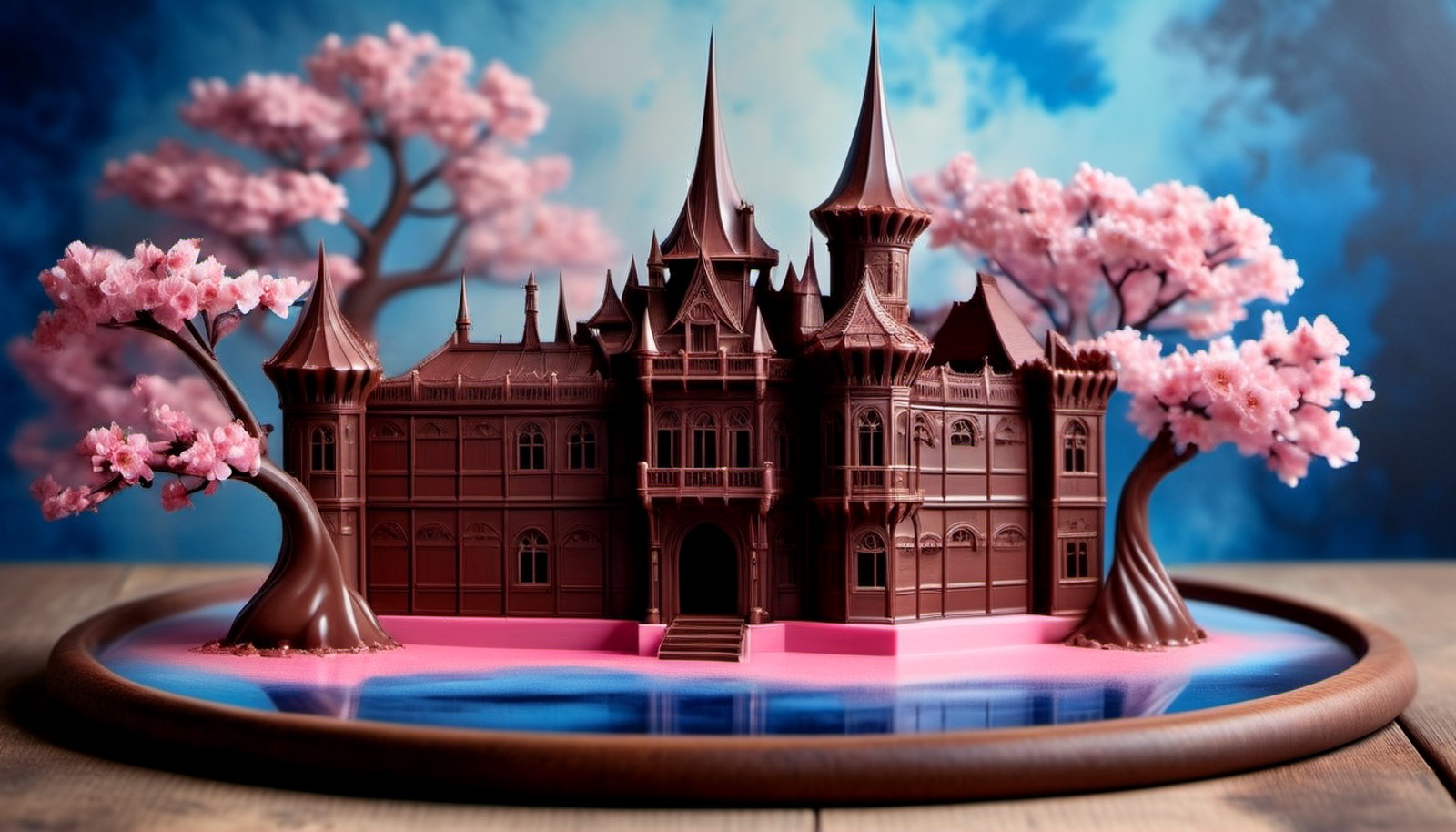 ChocolateRay, Water color painting, Bewitching Palace, wearing Magic made entirely of chocolate, blue and cherry blossom p...