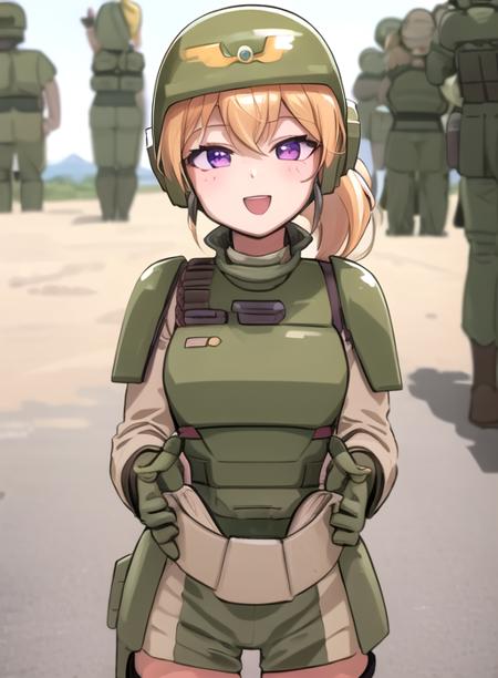 best quality, (masterpiece),(ultra-detailed), (high quality), (high resolution), <lora:CadiaChan:0.7>,1girl, :d, blonde hair, blush, cadiachan,smile, solo, solo focus,purple eyes, ponytail,green helmet,armor, beige military uniform,