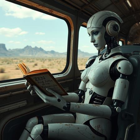 Rusty and damaged humanoid woman robot sitting in futuristic train and reading a book "Zen and the Art of Motorcycle Maintenance" by Robert M. Pirsig. train is passing by futuristic landscape. Her body paint is chipped, cracked and dented.