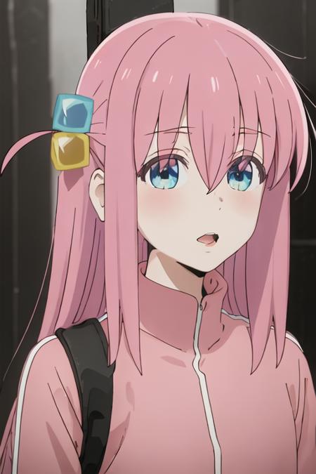 best quality, masterpiece, highres, solo, {goto_hitori_bocchitherock:1.15}, pink_hair, bangs, long_hair, hair_between_eyes, cube_hair_ornament, one_side_up, hair_ornament, blue_eyes, 1girl, close-up, open_mouth, parody, portrait