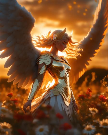 A beautiful valkyrie in a field of flowers, angel wings on her back, feathers flying in the wind, full body, golden hour, anime style <lora:offset_0.2:1>