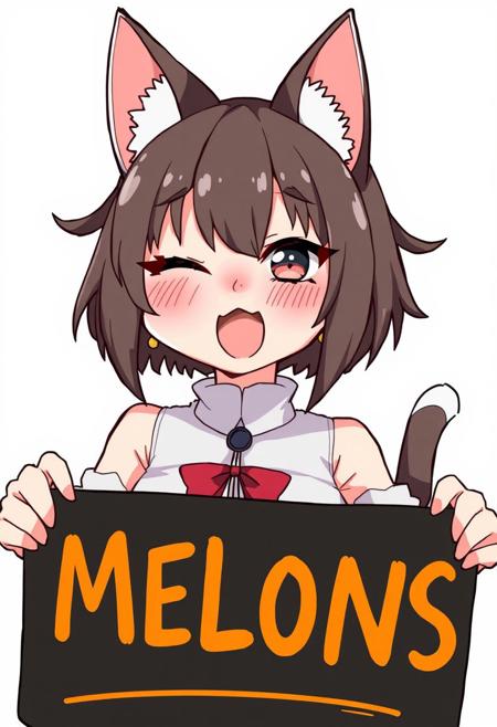 An illustration of a silly anthro catgirl sticking out her tongue and winking, holding up a black sign in front of her with the big word "MELONS" on it.