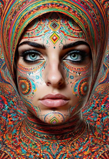 ,Persian girl,psychedelic ,Ben Goossens, pattern, in the style of emotive figural distortions,  ephemeral installations,bold lines,poster, intricate,artstation <lora:add-detail-xl:1>