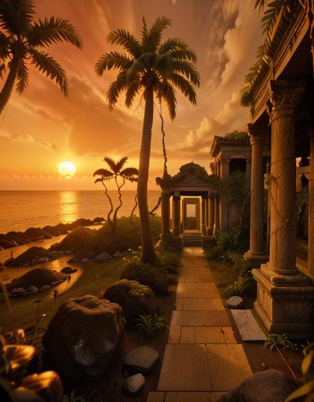 <lora:MW_Roma02betasd:1> Ro08. 
Left foreground: tall tropical palm trees, partially silhouetted, swaying gently in the warm breeze, with dry leafy plants and sunlit underbrush near scattered coastal rocks. 
Bottom foreground: a clear freshwater stream, winding over smooth stones, bordered by mossy grass patches and rugged boulders.
Right foreground: an ancient stone temple ruin with ornate fluted columns, engraved friezes, and wide stone steps, partially overgrown with vines and small shrubs. 
Midground (center-right): a lone leafy tree growing from a rocky rise beside the stream, its shadow cast toward the water. 
Midground (center-left): choppy ocean waves crash against a line of jagged coastal rocks, with white foam illuminated by the sunset.
Background: a brilliant golden sun setting on the horizon, reflected on the waterâs surface, framed by scattered cottony clouds glowing in soft oranges and pinks. 
Atmosphere: ethereal, romantic, and tranquil â a forgotten tropical sanctuary, blending ancient architecture with vibrant coastal wilderness, basked in the magic of a sunset moment.