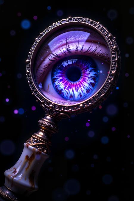 A jeweler's magnifying glass that reveals the magical properties of items viewed through it. The lens is made from a dragon's transmuted eye, giving it a slight purple tint and an iris that contracts and expands. The handle is carved from unicorn horn wrapped in gold wire that pulses with stored starlight. Tiny runic inscriptions around the rim glow different colors depending on the magic being observed, while floating markers highlight points of interest in the viewer's vision.  Fantastic lighting. Detailed shadows.intricate details, vivid colors, hyper-detailed, ultra-sharp<lora:FluxMythR3alisticF:0.4><lora:midjourney_whisper_flux_lora_v01:0.4><lora:aidmaMJ6.1-FLUX-V0.1:0.4><lora:Movie_Portrait:0.4><lora:Flux DetailerV2:0.4>