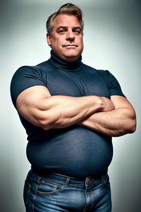 full figure, happy middle-aged man fashion corpulent  photomodel Dalil, impressive show hairdo, stare with lively eyes, strong emotions, dark studio, turtleneck, jeans, simple background