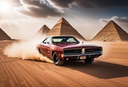 cinematic photo of dodge Charger 1968, magnificent three pyramids of Giza appear clearly, charm, highly detailed car, Professional lighting, full of life, Lively and energetic, 8K, rays of sun flow beyond heavy clouds, HDR, Fast & Furious movie, motion blur, moving tires, Cinematic Shot, Cinematic Lighting, amazing world, pure perfection, Need For Speed, wide angle exterior background, drifting, nebula horizon.