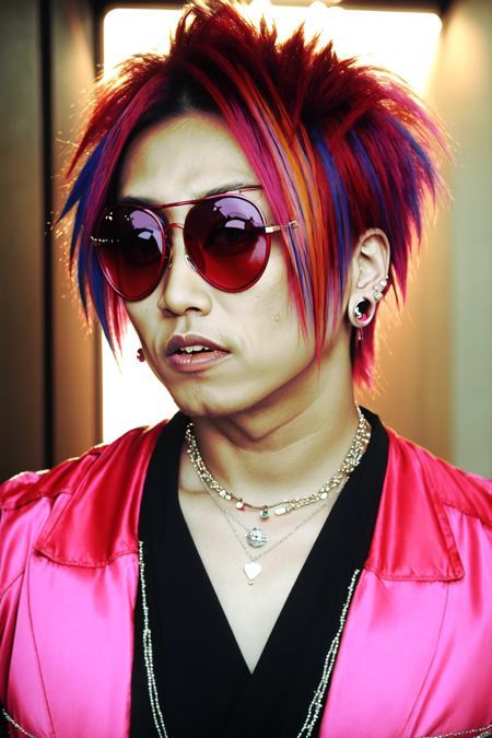 Vkei_Realism, (masterpiece), Hideto_Matsumoto, solo, 1boy, jewelry, earrings, necklace, red hair, short hair, pink rimmed sunglasses, pink hair, portrait, multicolored hair, brown eyes, upper body, (detailed face), (detailed fabric), rim lighting, cinematic lighting, portrait,<lora:Vkei_Realism:0.75>