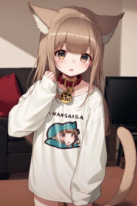 40hara, masterpiece, best quality, 1girl, cat girl, brown hair, cat ears, cat tail, oversized clothes, oversized shirt, print shirt, animal collar, red collar, living room