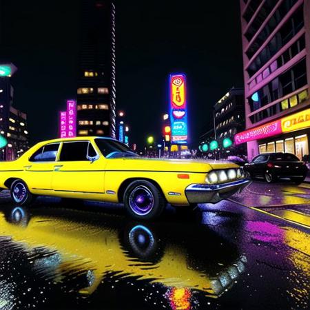 a vintage car, painted in hues of purple and green, on the side of a bustling city lined with neon signs, the cityscape is adorned with towering buildings reaching up into a sky painted in dark purple. streetlights cast their yellowish light onto the wet pavement below, reflecting off the shiny surface of the car. amidst this urban landscape, people can be seen going about their business, adding life to the scene.