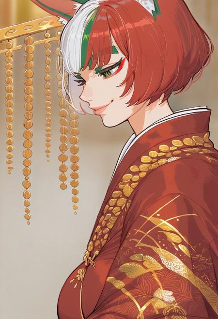 (Side profile:1.3), high detail, perfect face, very close-up, Japanese Village background, 1girl, light skinned female, short hair, two tone hair, white hair, red hair, (Red bangs:1.6), thick eyebrows, (green eyebrows:1.4), green eyes, fox ears, Kitsune, (thick thighs:1.5) (Red kimono with gold accents:1.5), smug expression, huge breasts, wide hips, bottom heavy, (Up close shot of face:1.5), 
BREAK
score_9, score_8_up, score_7_up, score_6_up, source_cartoon, rating_explicit