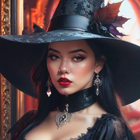 in a broken mirror effect  Close-up of woman in hat, digital art, Ross Tran, gothic art, dcolletage, nose piercing, fashionable witch queen, Alexei Zaitsev, Old West, Tom Bagshaw, cool pose, Brandon Woelfel, beautiful avatars, cleavage