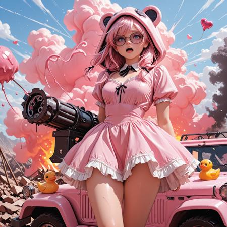 CivChan, purple eyes, pink hair, breathtaking detailed, masterpiece, awe-inspiring, radiant, magnificent,Civcan, standing on a dusty pink jeep, wielding a massive gatling gun, frilly dress torn by wind, sunglasses shaped like hearts, ribbons flying, burning candy clouds overhead, rubber duck hood ornament melting, battlefield made of broken toys<lora:IL_CivChan.safetensors:0.8:0.8>