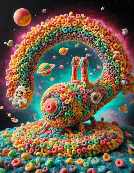 A spaceship made of fruit loops, floating in a galaxy filled with colorful stars and planets. <lora:FruitLoopStyle:1>