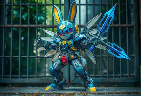 The image features a Gamble cyber Angel Bunny, a blue and gray Gamble cyber Angel Bunny with yellow and red accents, standing proudly against a closed plant gate. The Gamble cyber Angel Bunny, ready for action, has outstretched arms, legs apart, and a turned head. Wielding a blue and gray Unicorn Spear in its right hand, the Gamble cyber Angel Bunny showcases intricate mechanical workings with a sense of realism and sophistication. The 4K image displays vivid emotions, captivating lighting, and dynamic action, with a matte painting and concept art style. The Gamble cyber Angel Bunny, a blend of blue, gray, yellow, and red, has a super detailed face, eyes, and clothes, with sharp lines, brush strokes, and stunning colors. This high-quality digital art showcases a joyful impact and powerful message, intentional focus, and well-timed moment, handcrafted with precision, and is trending on ArtstationHQ.