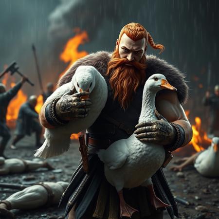 anatomically correct, (hyper realistic, ultra detailed), 3d, cgi, complex shadows, intricate details, viking, warrior, muscular, leather armour, fur on armour, red hair, short hair, large beard, braided beard, white duck, black eyes, fluffy, short, standing, viking is holding white duck, viking is holding white duck like a weapon, white duck is being wielded like an axe, white duck looks ready for violence, viking looks ready for violence, battle ground, dark, fire, fighting in background, weapons, dead bodies on ground, raining,