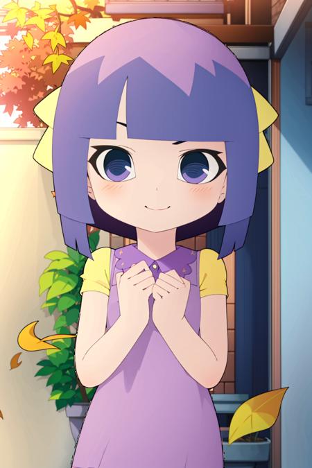 tao su,  tao su, 1girl, solo, purple hair, purple eyes, short hair, dress, chibiki, 