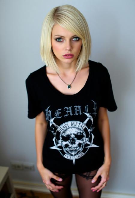 woman, blonde bobcut hair, parted half hair, green and blue eyes, eyeliner, gothic, wearing black heavy metal band t-shirt and black hotpants, black pantyhose, slender body, long legs, standing,
