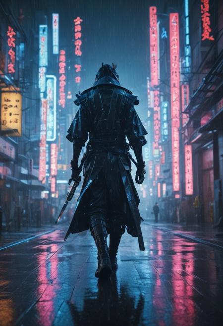 low angle, floor angle of a modern city, samurai walking, futuristic, neon lights, it's raining, high quality, high resolution, high definition