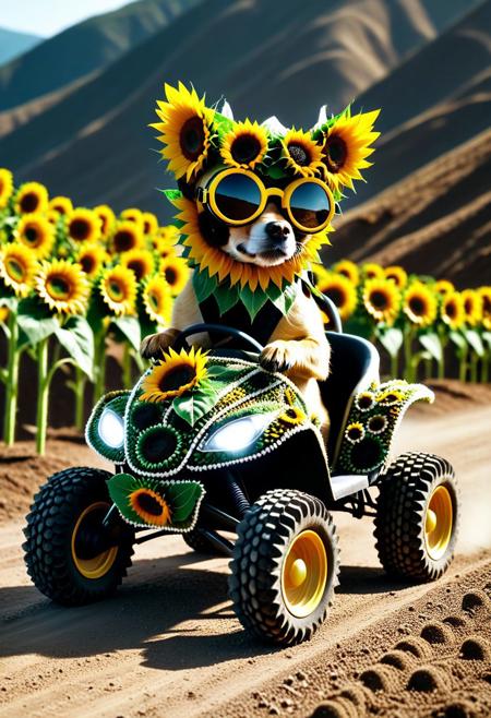 Made of Sunflowers, from side, closeup cute small 4WD buggy Made of Sunflowers, chihuahua driving, (wear round goggles:1.2), wear animal ears helmet Made of Sunflowers, run through on mountain dirt road, Dust, cinematic, cinematic lighting, (masterpiece, best quality:1.4), ultra-high res, 4k, Photorealistic, insanely detailed, sfw,