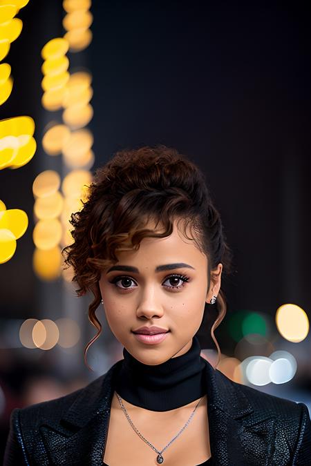 photo of beautiful (n4t3mmanu3l:0.99), a woman as a movie star, hair updo, turtleneck sweater, black jacket, (trousers), movie premiere gala, dark moody ambience (masterpiece:1.2) (photorealistic:1.2) (bokeh) (best quality) (detailed skin:1.2) (intricate details) (nighttime) (8k) (HDR) (cinematic lighting) (sharp focus), (looking at the camera:1.1), (closeup portrait:1.1), (necklace)