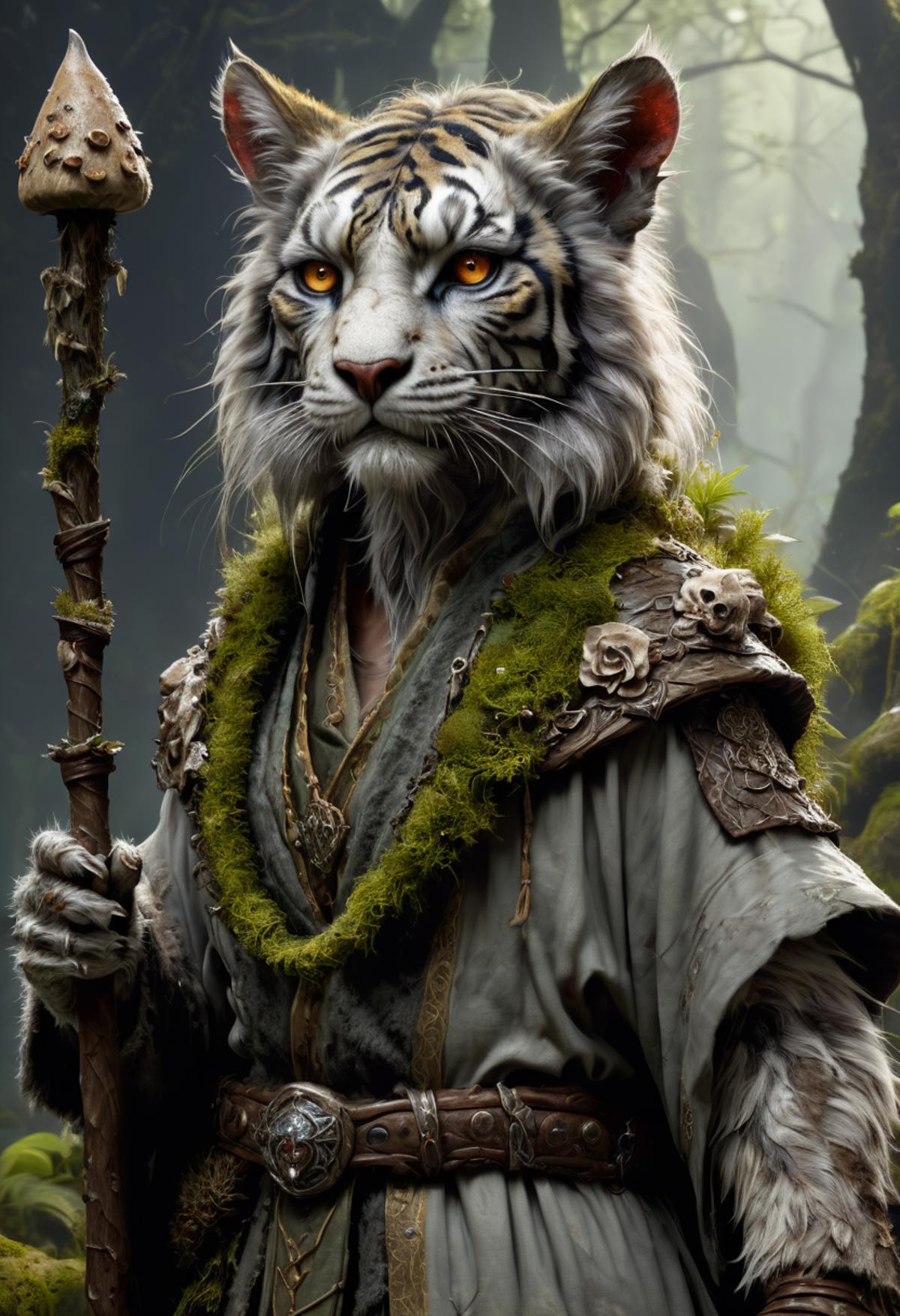 A tiger-like creature with yellow eyes and a green necklace.