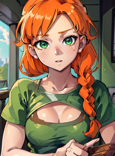 best quality, (masterpiece),(ultra-detailed), (high quality), (high resolution), <lora:add_detail:0.5>, <lora:alexmc:0.7>,alex,  green eyes, braid, orange hair,