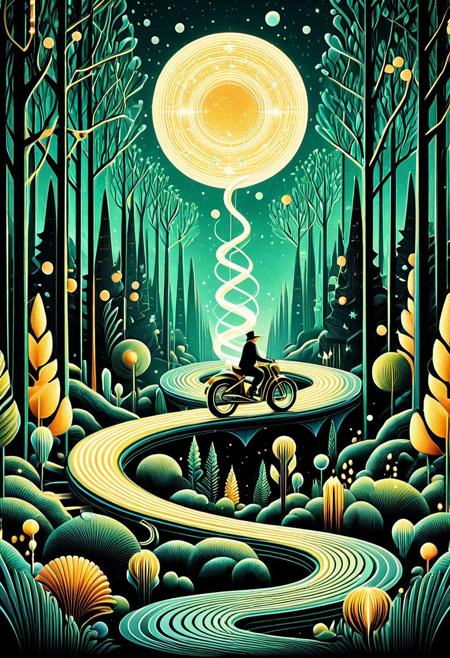 RetroBG,
A celestial traveler rides a luminous serpent through a starlit forest, surreal pop surrealism meets minimalist conceptual illustration, bold color palettes, moody dreamlike compositions, graphic symbolism, emotionally charged figures, textured painterly effects fused with clean vector forms, glowing organic shapes, stylized surreal landscapes, narrative-driven visual metaphors, contemporary storytelling with fantastical undertones, urban decay with a touch of whimsy, simplified shapes with deep psychological themes, retro-futuristic tones, surreal flora and fauna, imaginative environmental moods