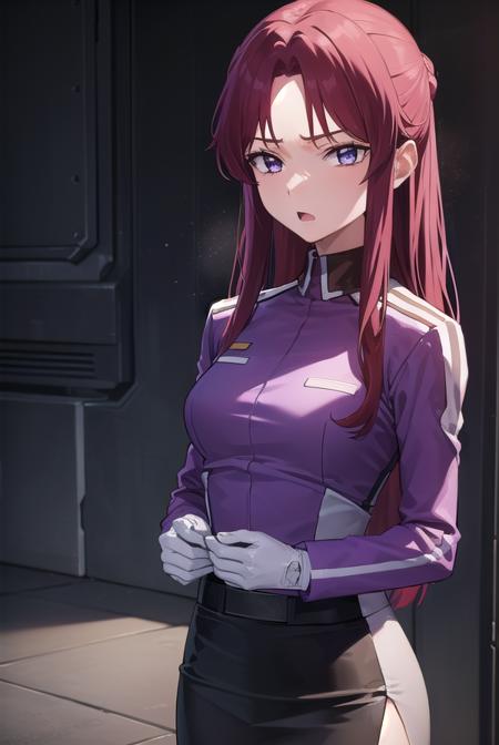 flay allster, long hair, (purple eyes:1.1), red hair, medium hair, (parted bangs:1.5), ponytail, skirt, gloves, jacket, white gloves, black skirt, uniform, military, military uniform, side slit, pencil skirt,