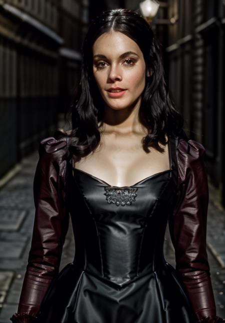 Masterpiece, best quality, MartinaBeswick, long straight black hair, standing, close-up, outside, 18th century London, Dark Alley, fog, (stunning and elegant 18th century red dress:1.2), sharp focus, highly detailed, 4k uhd, cinematic lighting, <lora:MartinaBeswick-15:1>, <lora:LowRA:0.6>,