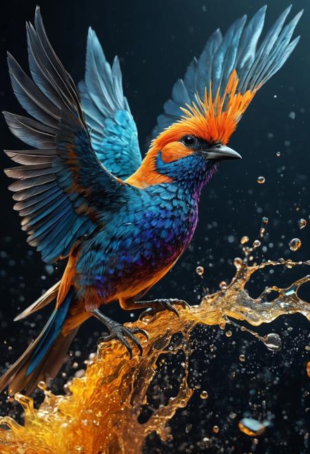 A bird, 
amazingly fluid, 
detailed, 
3d fractals, 
light particles, 
water drops, 
shimmering light, 
dreamy, 
surreal, 
alcohol ink, 
smooth, 
shimmering, 
dreamy glow, 
16k, 
intricate artwork masterpiece, 
ominous, 
matte painting movie poster,  
trending on cgsociety, 
intricate, 
epic, 
trending on artstation, 
highly detailed, 
vibrant, 
production cinematic character render, 
ultra high quality model