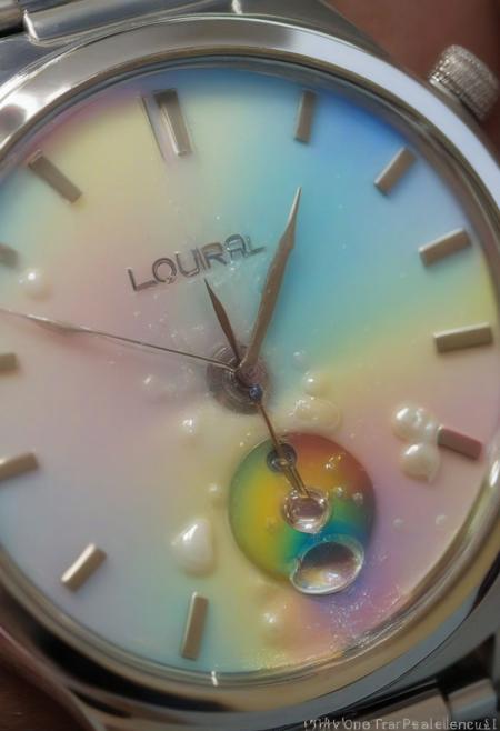 lazypos,aesthetic,extremely aesthetic,masterpiece,flowing,pool of liquid,overflowing,made of l1qu1dp34rl,metal,pearl,liquid pearl,pearlescent,pastel colors,rainbow,watch,no human,pocket watch,watch face,clock face,close up,macro photography,macro photo,liquid,filled,filled with liquid,liquid pouring from watch,oozing,<lora:liquidpearlXL_r1:1>,