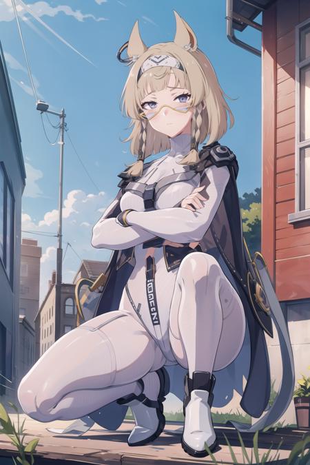 (masterpiece), (best quality), <lora:mrdsV2:0.9>, 
1girl, solo,  squatting, slim,  bodysuit, breasts, hairband, animal ears, cloak, boots,  glasses,  blush, embarrassed, looking at viewer, crossed arms, 
<lora:add_detail:0.1> , outdoors,