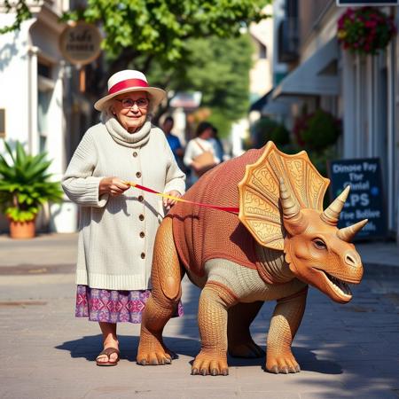 Create a realistic photograph of a sweet elderly lady walking her pet Triceratops, which is the size of a Labrador, on a leash. Both the dinosaur and the lady are wearing matching sweaters and hats. The scene is set on a sunny summer day on a charming street lined with shops. The perspective should be from the side, showcasing the dinosaur in its sweater. The atmosphere should be cheerful and whimsical, capturing the unique bond between the lady and her dinosaur